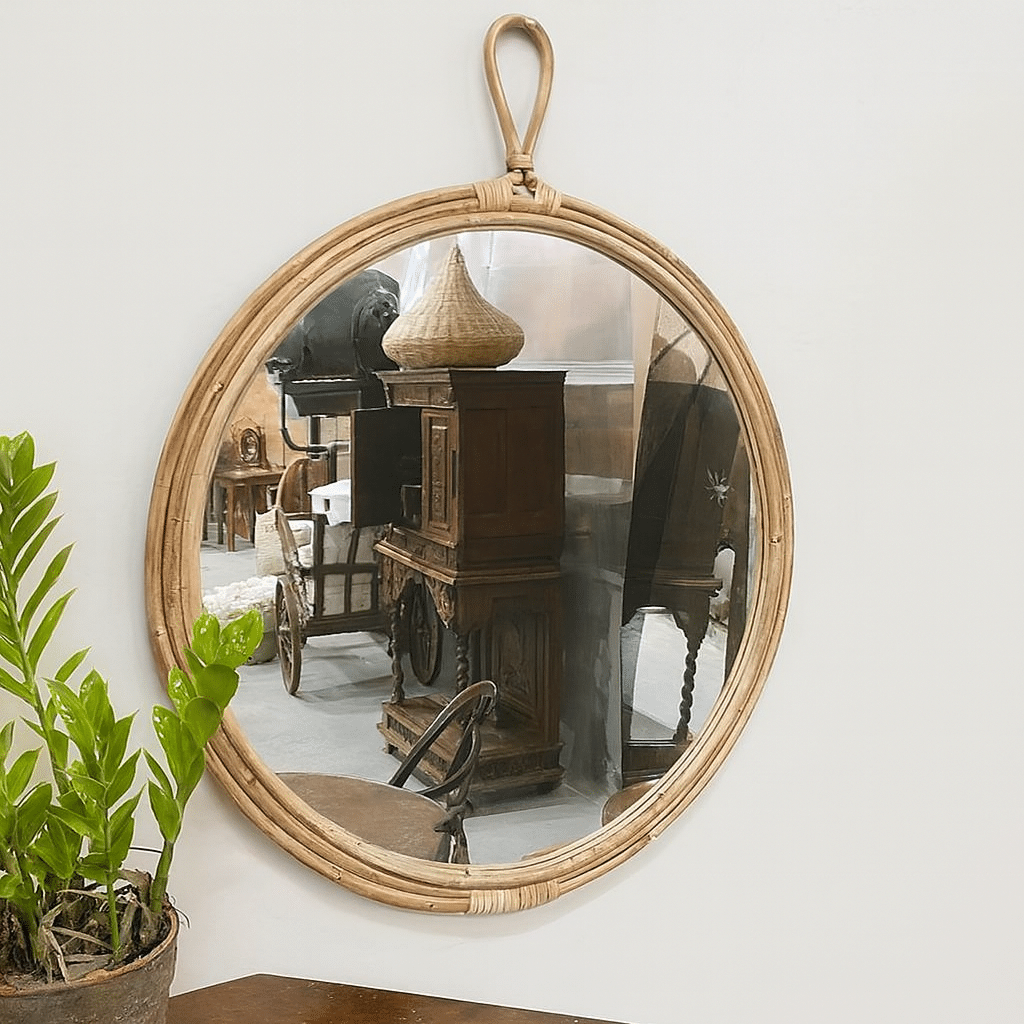 Miroir rond en rotin avec anneau