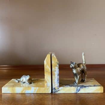 Serres-livres en bronze et marbre « Le Chat et la Souris » par Jean Garnier