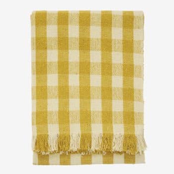 Plaid à carreaux en coton recyclé, jaune & naturel (125×175)