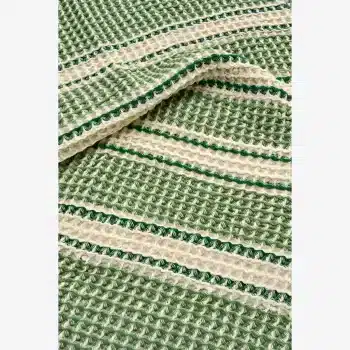 Torchon gaufré en coton rayé vert & écru (50×80)