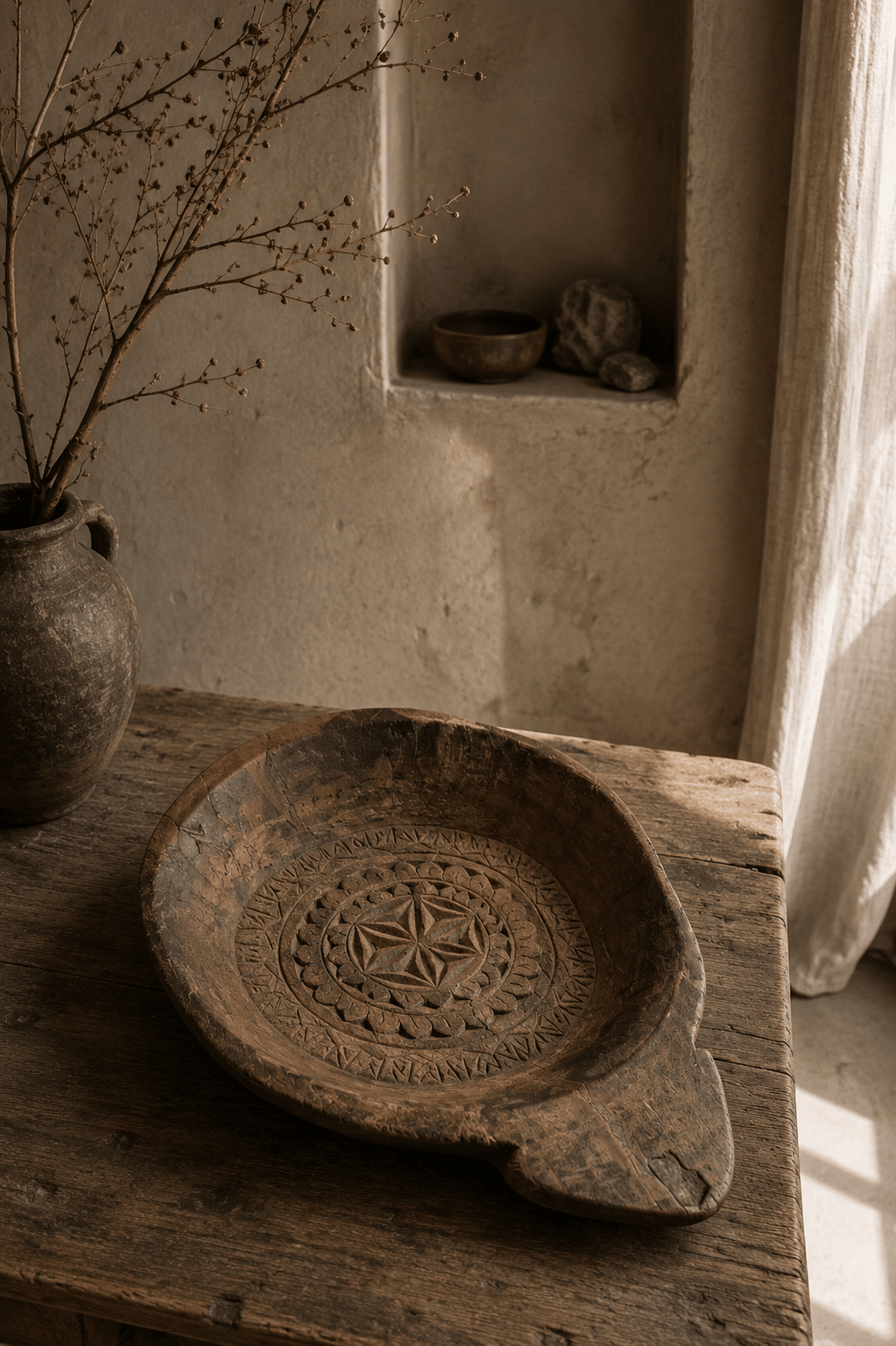 Plateau ancien indien sculpté en bois massif « Rosace »