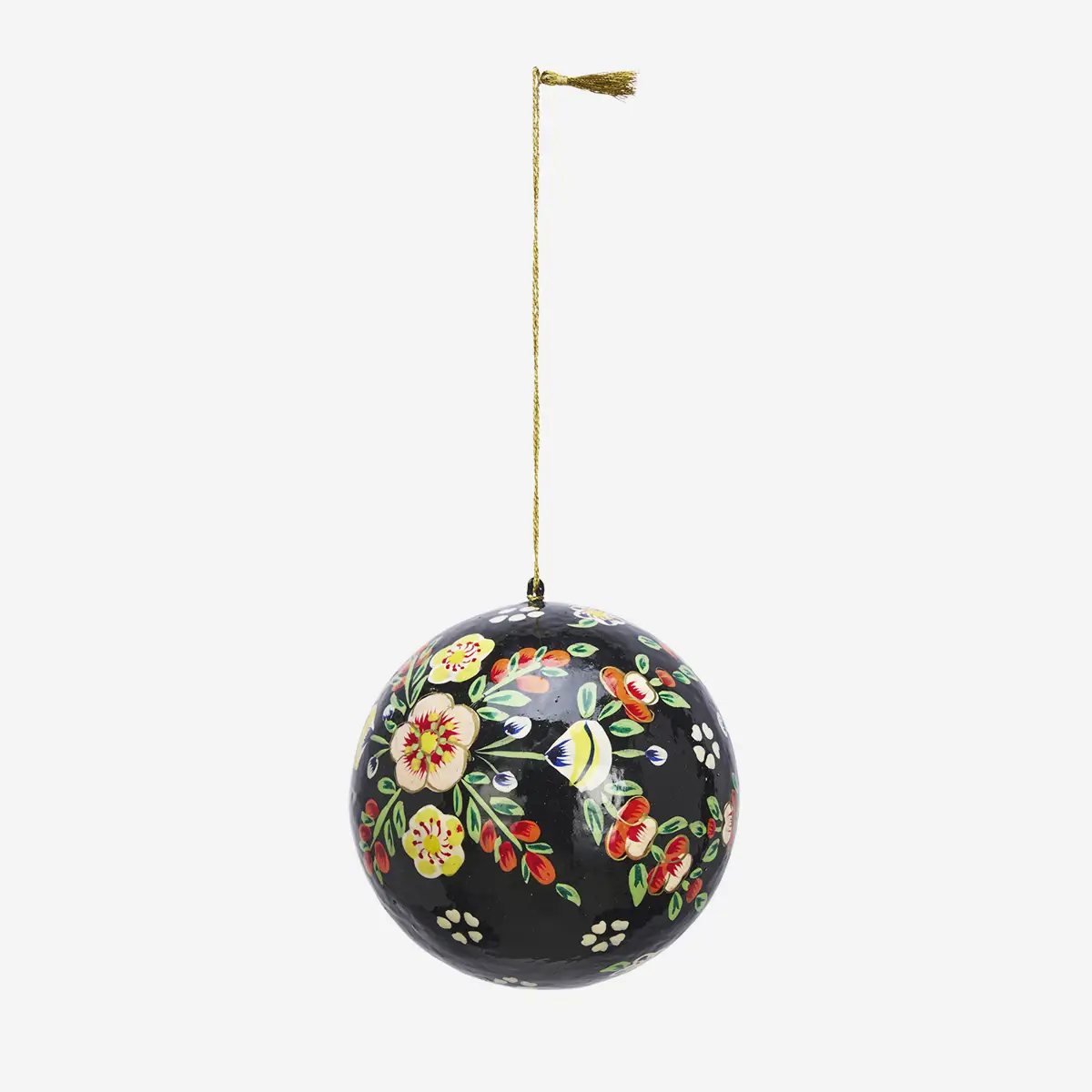 Boule de Noël en papier mâché peint à la main – Noir fleuri